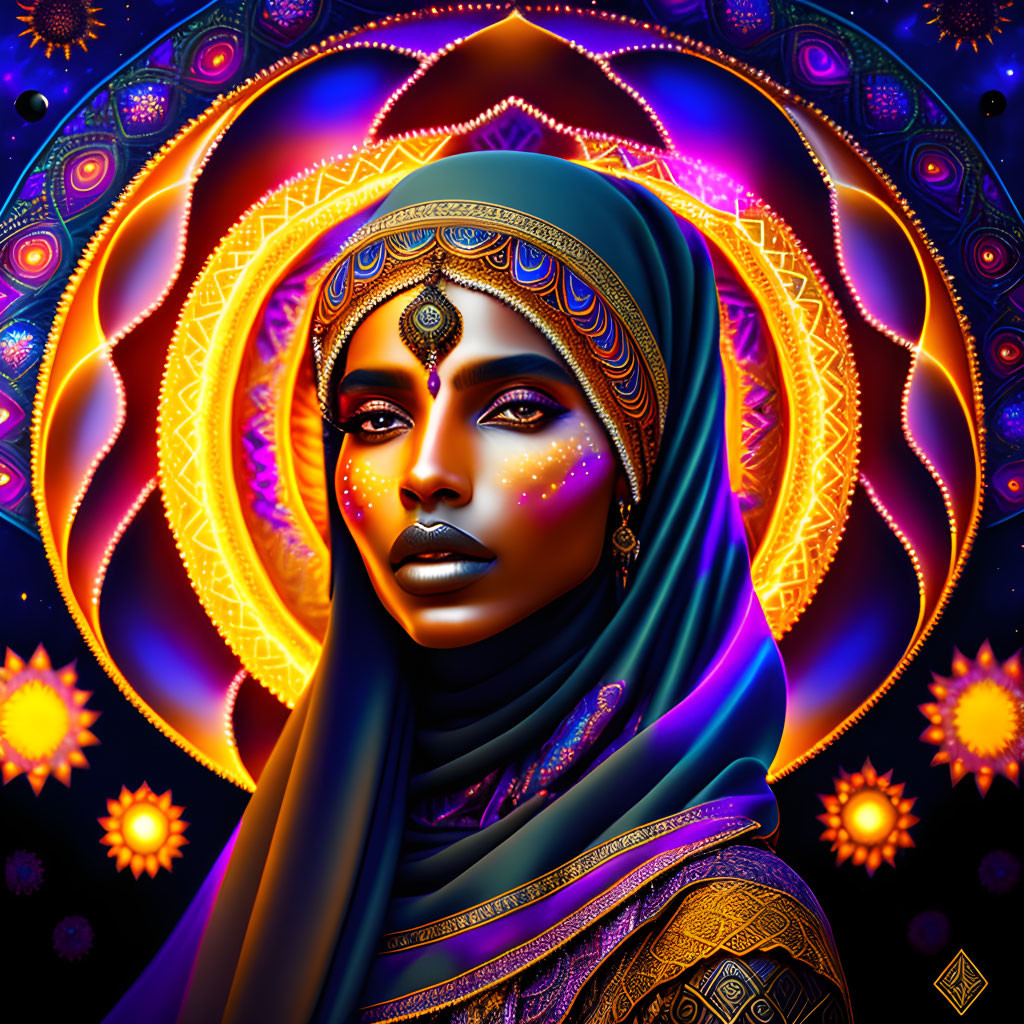 Colorful digital artwork featuring woman with headscarf, jewelry, and mandala background