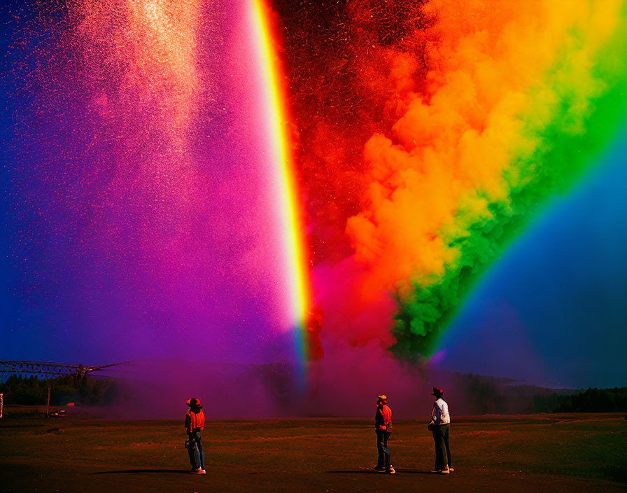 Colorful powder explosion creates rainbow effect in sky landscape.