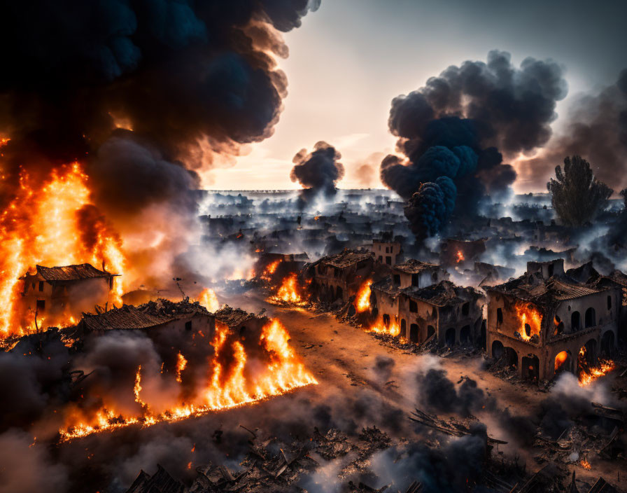 Dramatic burning village with structures in flames at sunrise or sunset