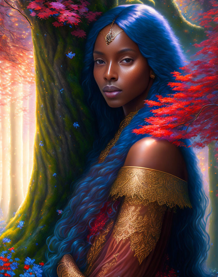 Digital artwork of woman with blue hair and ornate headpiece by tree in ethereal forest