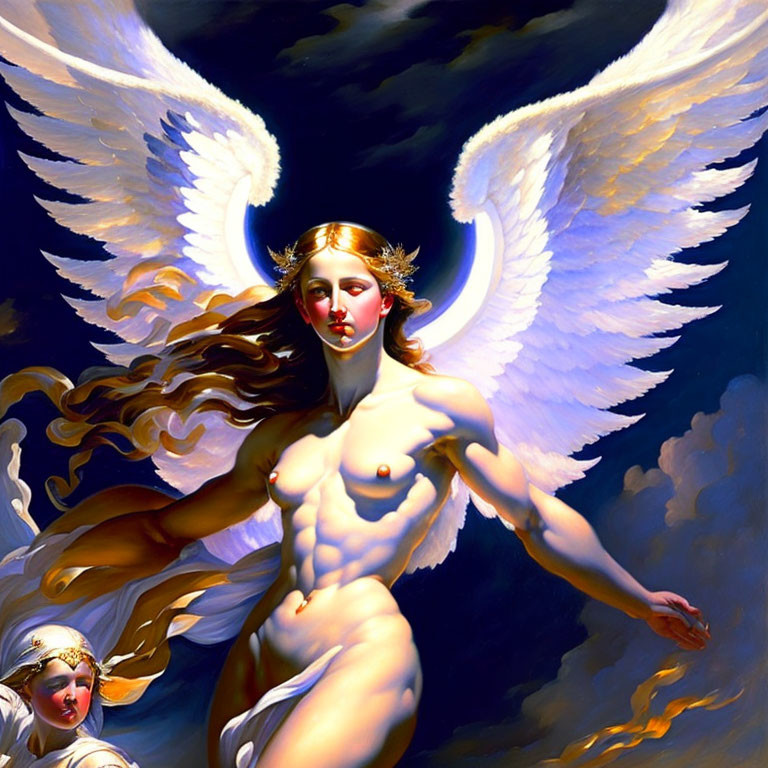 Majestic angel with white wings and golden hair in dark sky