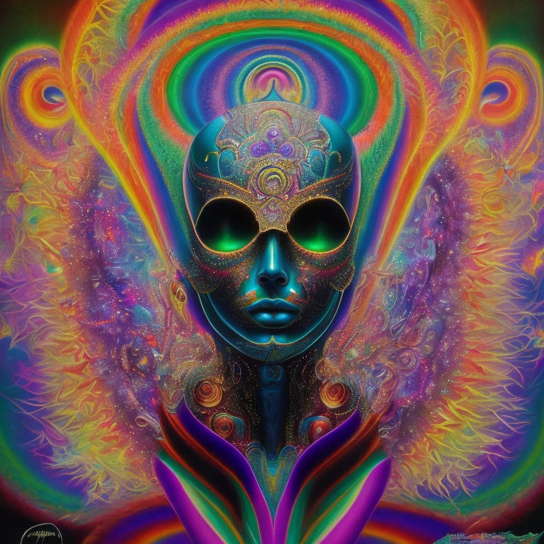 Colorful digital artwork: figure in masquerade mask amidst psychedelic patterns