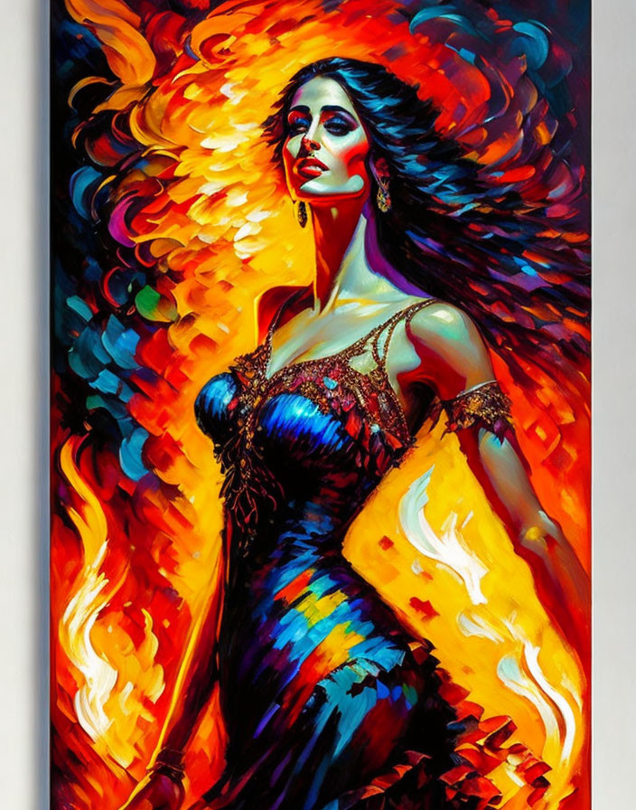 Colorful painting of woman with flowing hair in blue and red dress against abstract fiery background