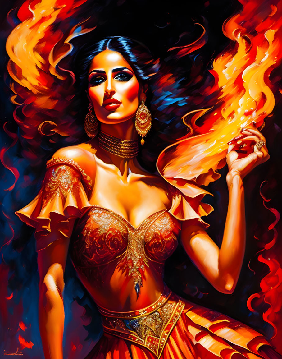 Fiery-winged woman in ornate red and gold attire.