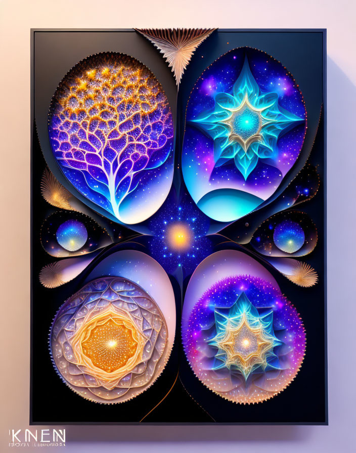 Symmetrical fractal digital art with cosmic and natural themes