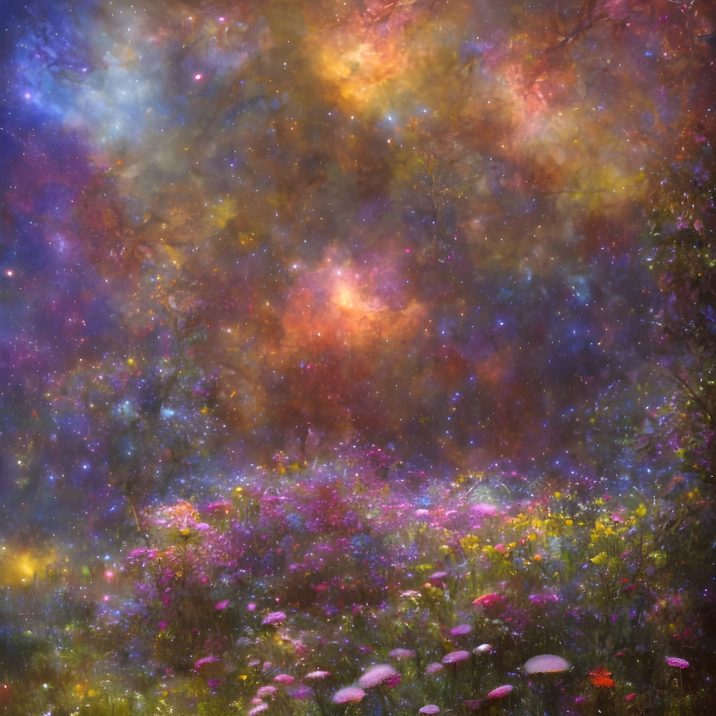 Colorful cosmic scene with stars, nebulae, and fantastical flowers.