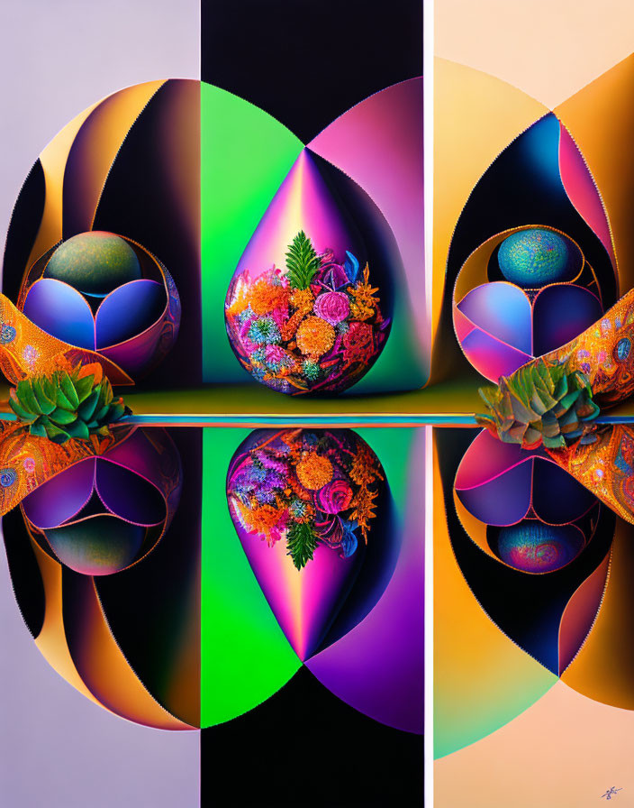 Abstract Floral Triptych with Reflective Surface