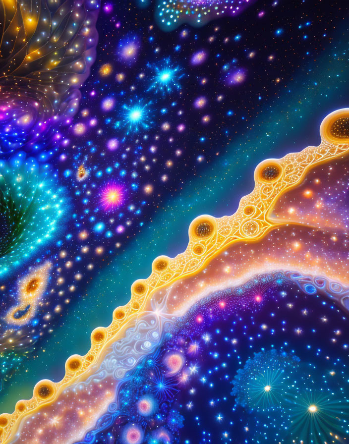 Colorful digital artwork: Space and fractal patterns with galaxies and stars