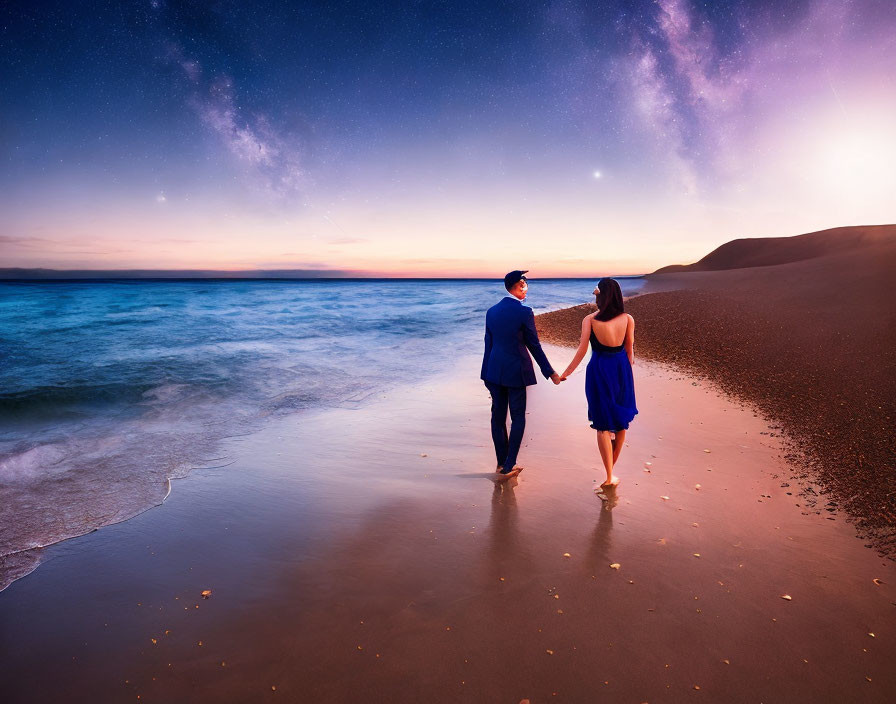 Romantic couple walking on beach at twilight with stars and gentle surf