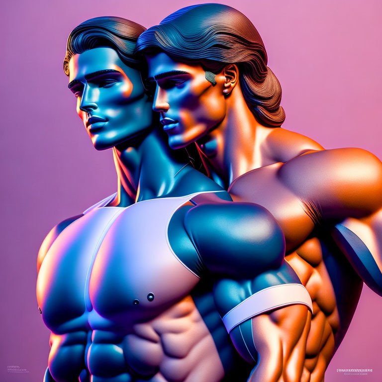 Vibrant Purple and Pink Stylized Male Figures in Artwork