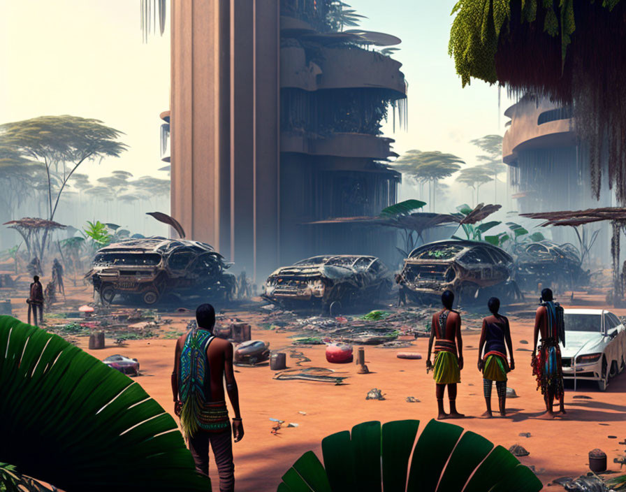 Futuristic tribal scene with traditional attire, overgrown ruins, and advanced vehicles.