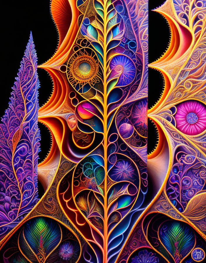 Colorful Abstract Art: Leaf and Feather Patterns, Spirals, Glowing Orbs