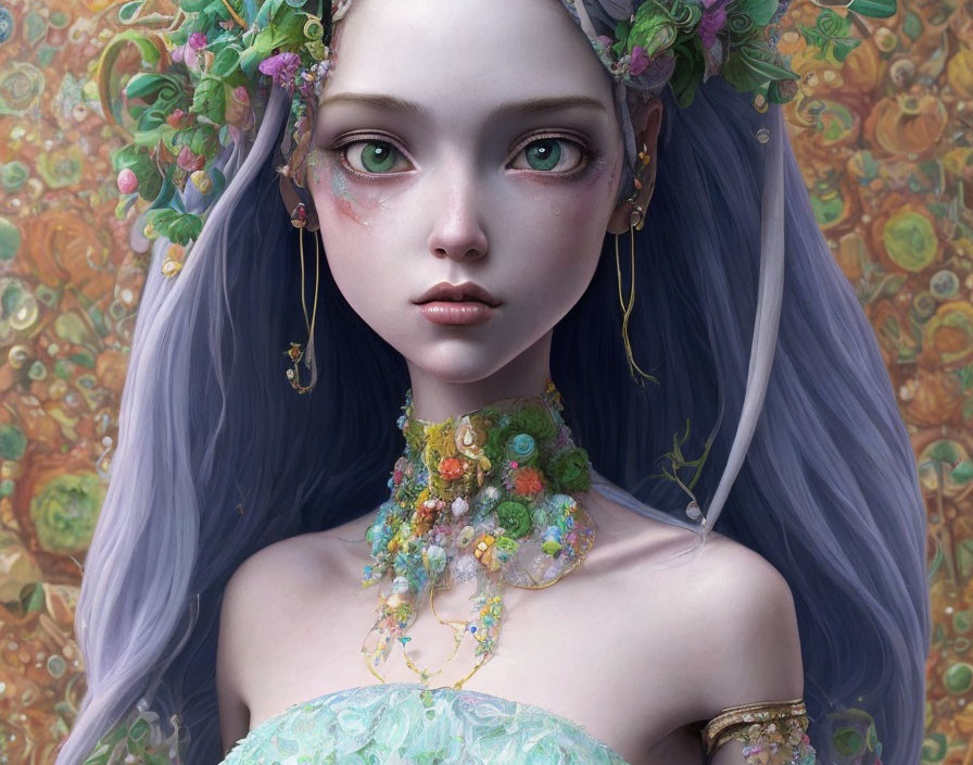 Fantasy female character digital portrait with violet hair and green eyes