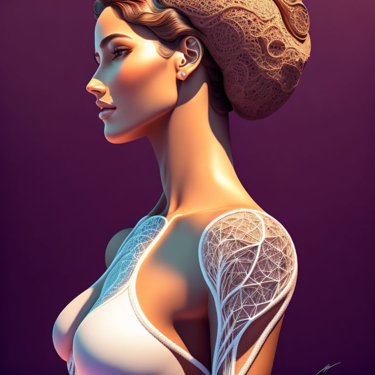 Digital artwork: Woman with intricate hat and luminescent lace on shoulder, purple background