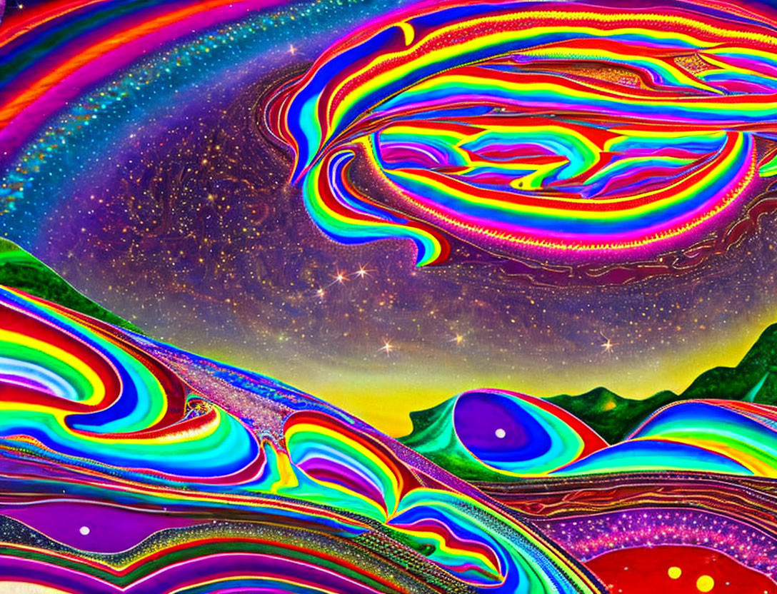 Colorful Psychedelic Digital Artwork with Swirling Patterns on Starry Background