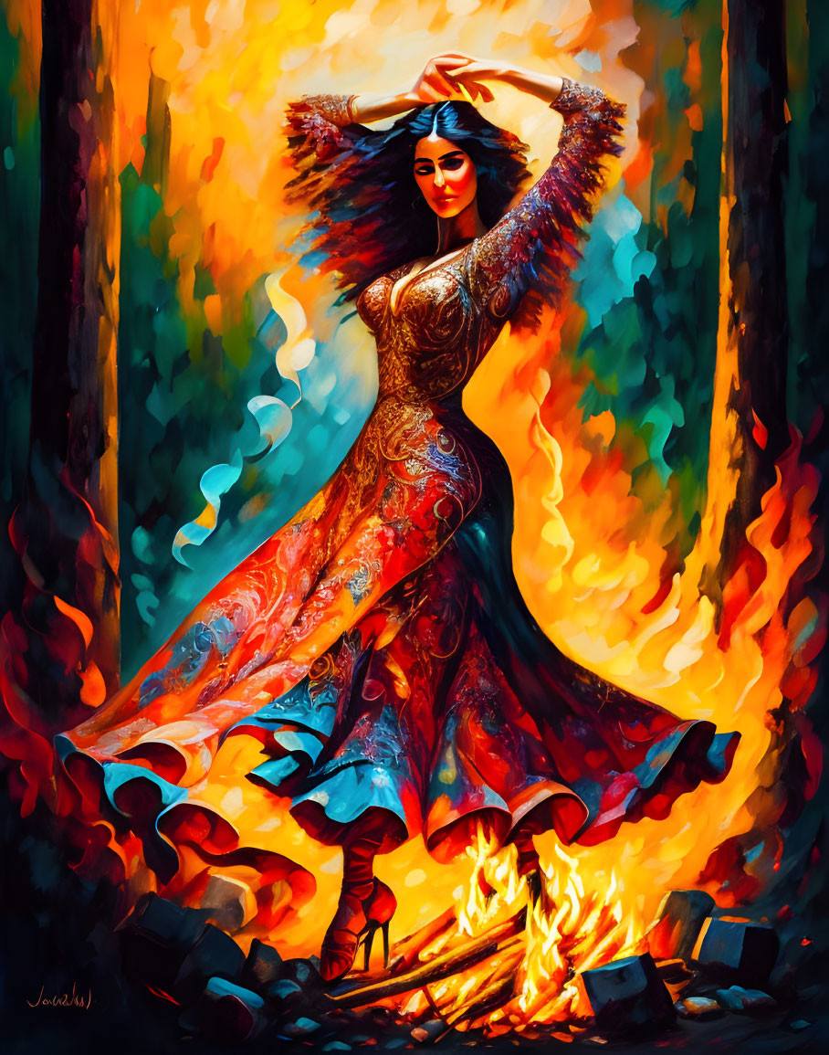 Colorful painting of dancing woman in fiery dress with flowing hair.