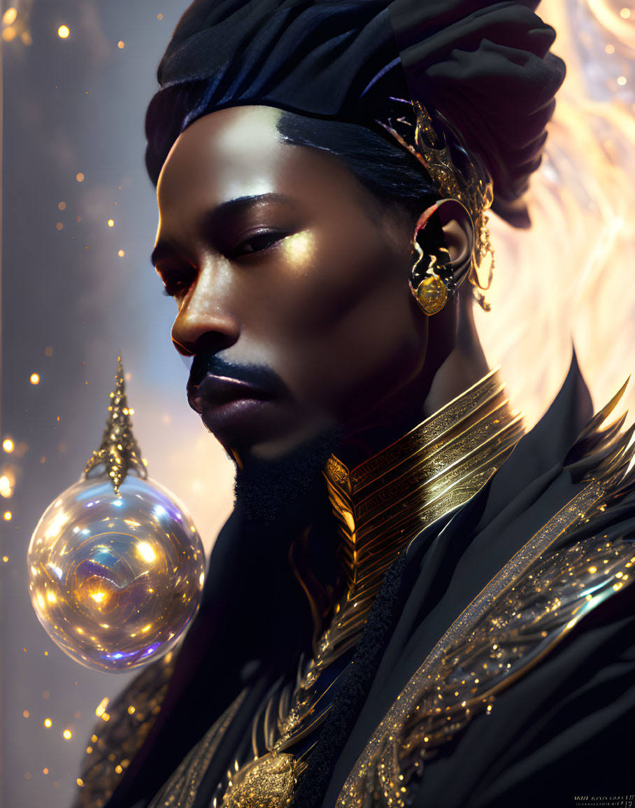 Regal figure in turban with orb and golden accessories on golden background