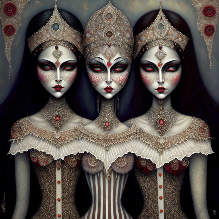 Symmetrical portrait of three female figures with ornate headdresses and elaborate face makeup