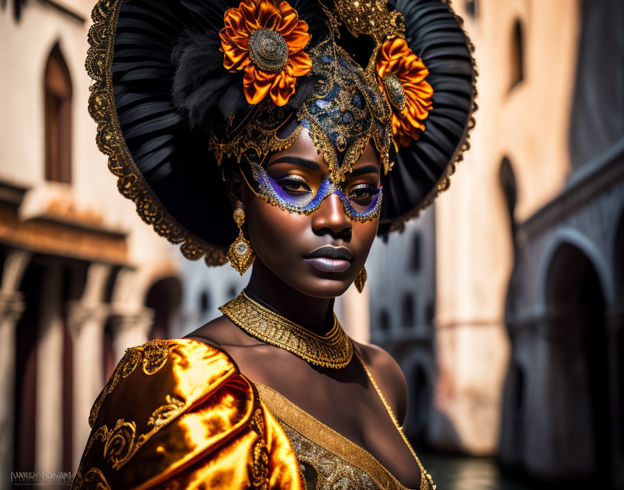 Woman in ornate black and gold costume with wide-brimmed hat and floral decoration by Venet