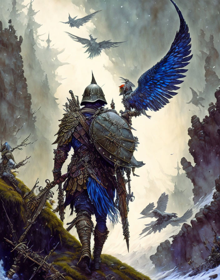 Knight in armor with blue-winged bird in misty forest with flying dragons