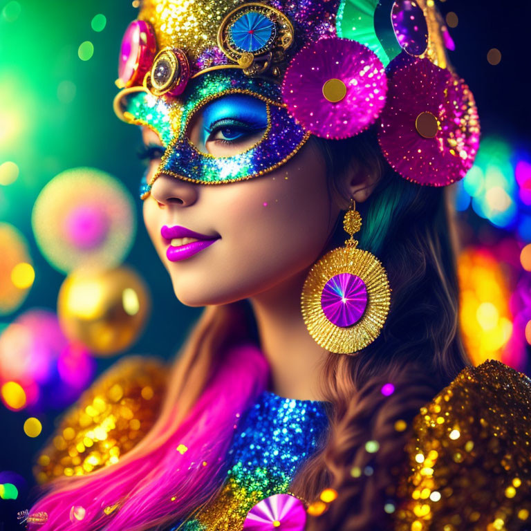 Colorful carnival attire with gear mask and vibrant earrings