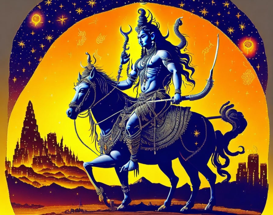 Colorful depiction of a multi-armed deity on a horse in a mystical setting