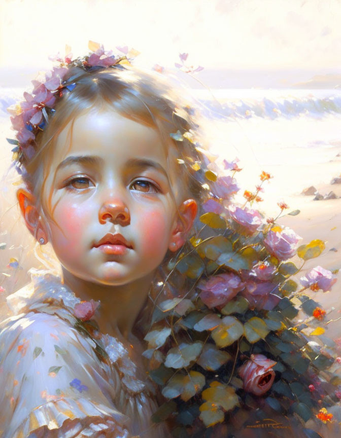 Young girl with floral wreath in pensive gaze on sunlit beach