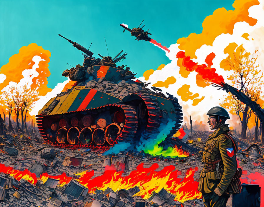 Colorful soldier watching tank in motion with helicopter overhead in vibrant artwork.