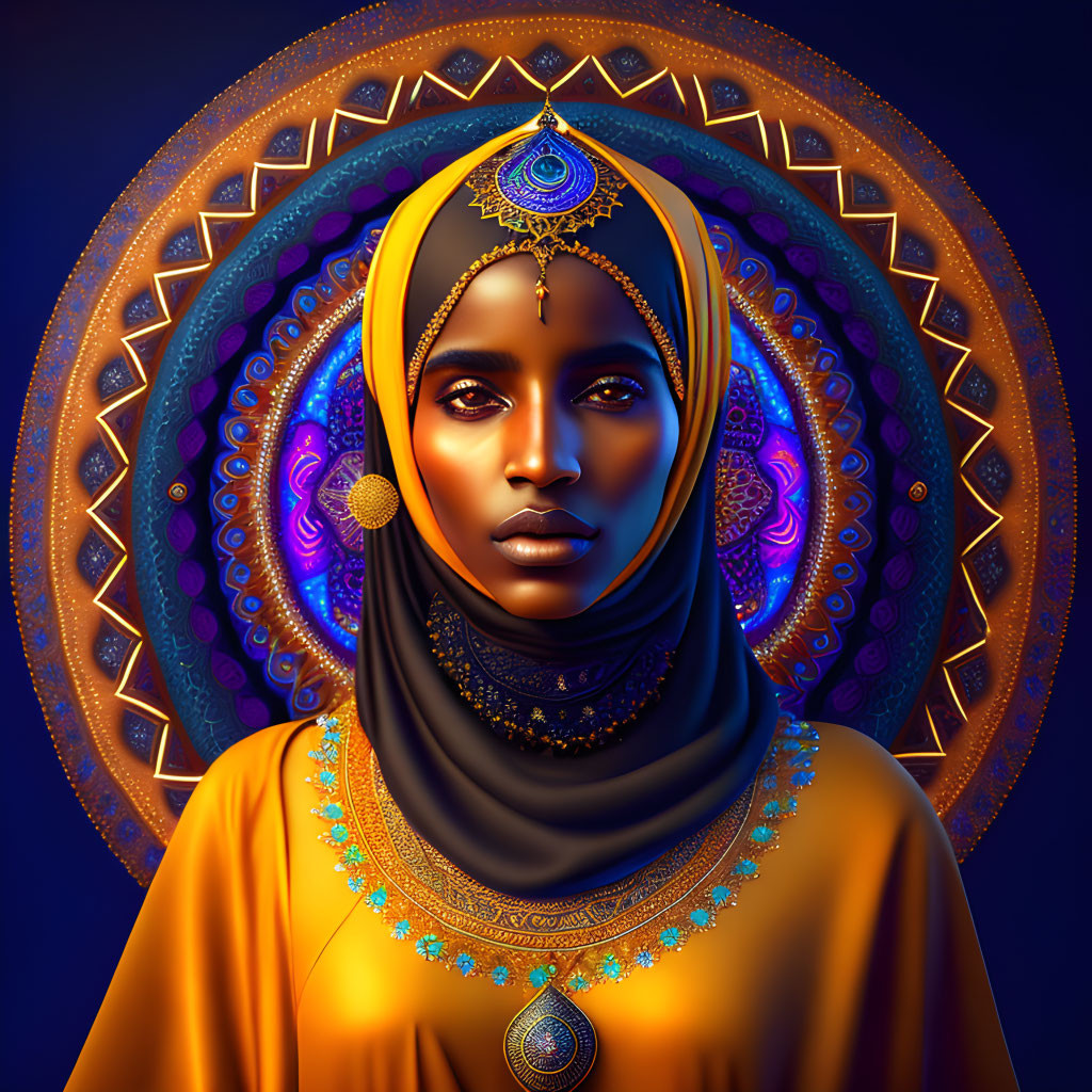 Digital artwork: Woman in headscarf with golden jewels on mandala-like background