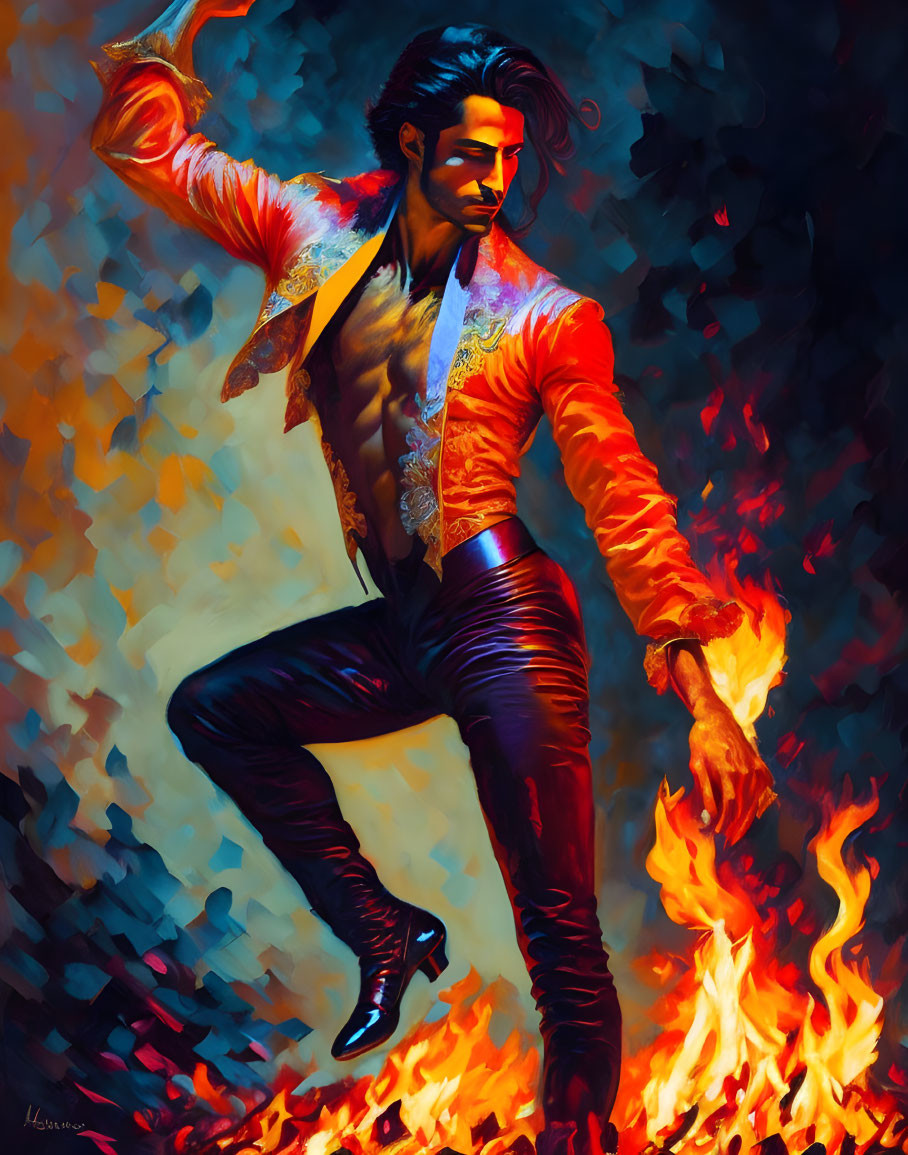 Colorful painting of a man dancing with fiery energy in red jacket and black pants