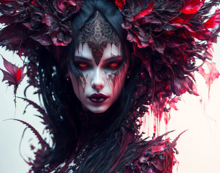 Gothic fantasy portrait of female character with red and black feathered headgear and intricate facial markings