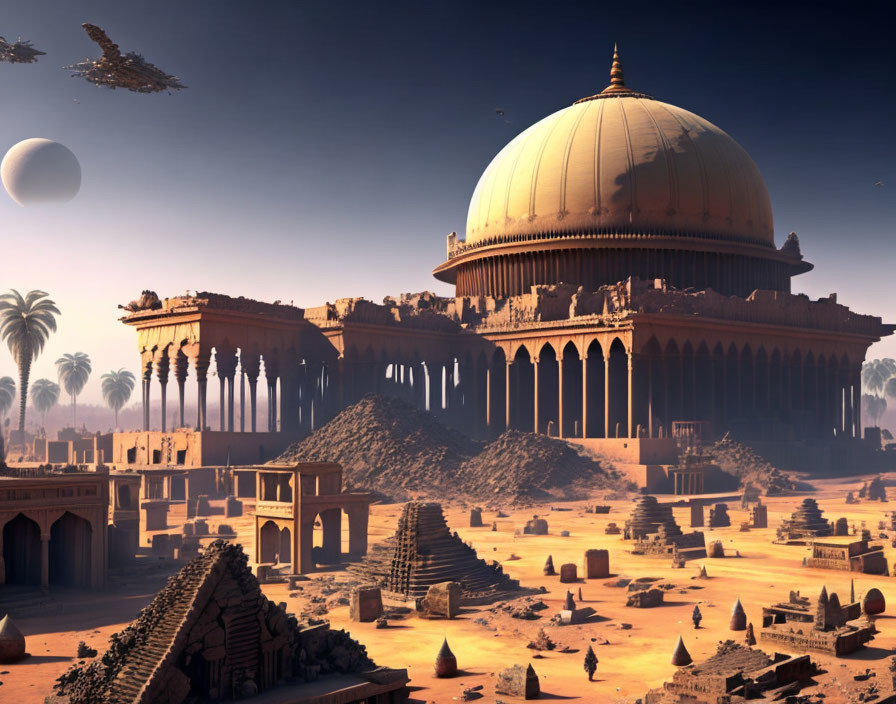 Dome-topped palace in desert ruins with sunset sky, palm trees, spaceships, and large