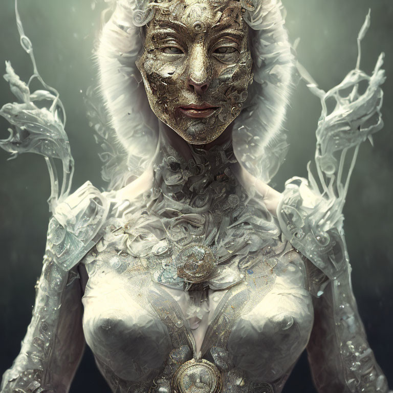 Detailed Artwork: Humanoid Figure with Ornate Metallic Face and Intricate Armor