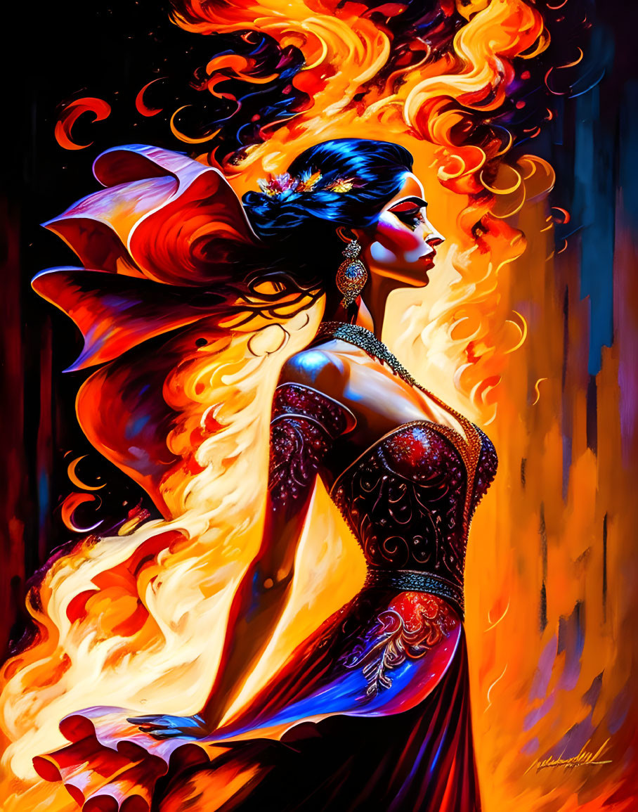 Digital Art: Woman in Red Dress with Flame Hair on Dark Background