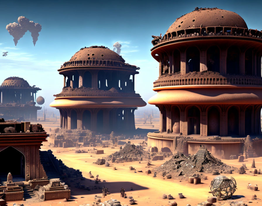 Futuristic desert city with domed buildings and floating islands