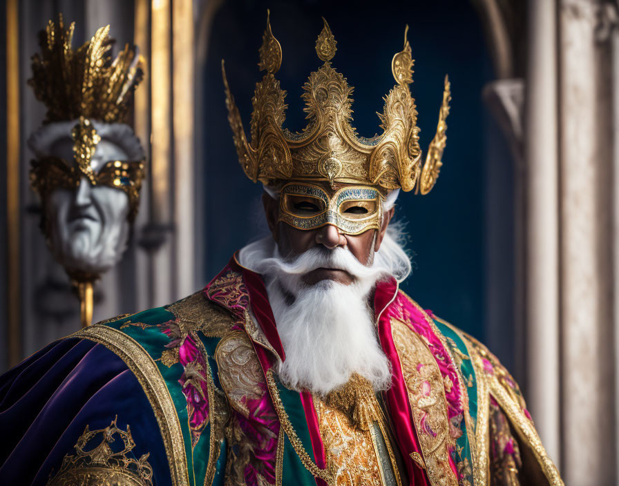 Opulent gold mask and ornate traditional costume in historical setting