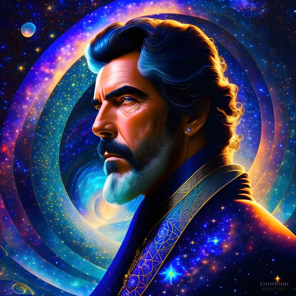 Man with Mustache and Beard in Cosmic Portrait