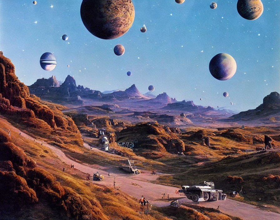 Futuristic landscape with vehicles on alien terrain under sky with planets and moons