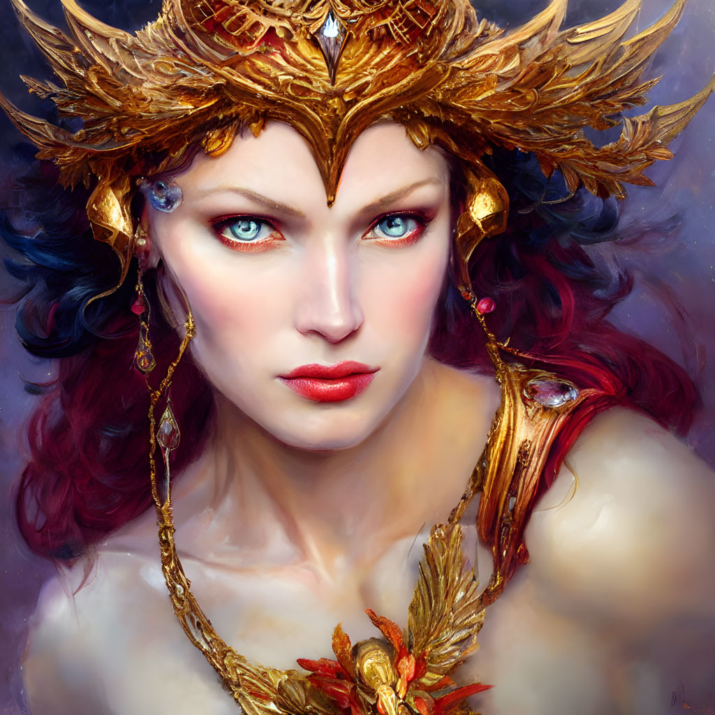 Portrait of a woman with blue eyes, red hair, and golden crown.