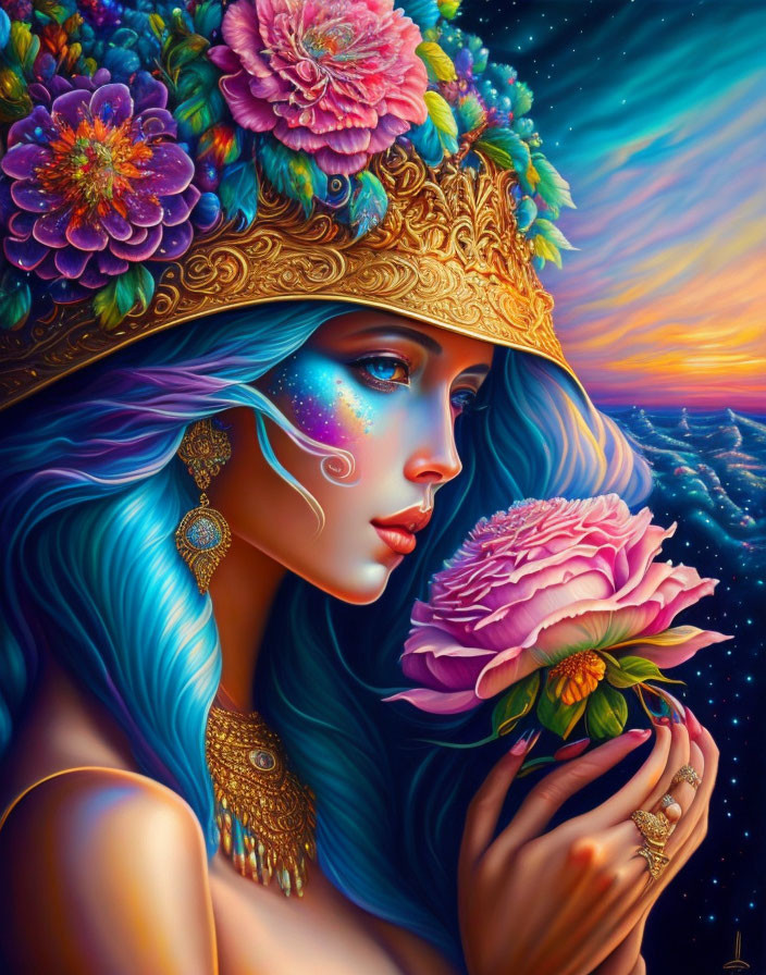 Colorful artwork: Woman with blue hair and golden headdress holding a pink flower against sunset and stars