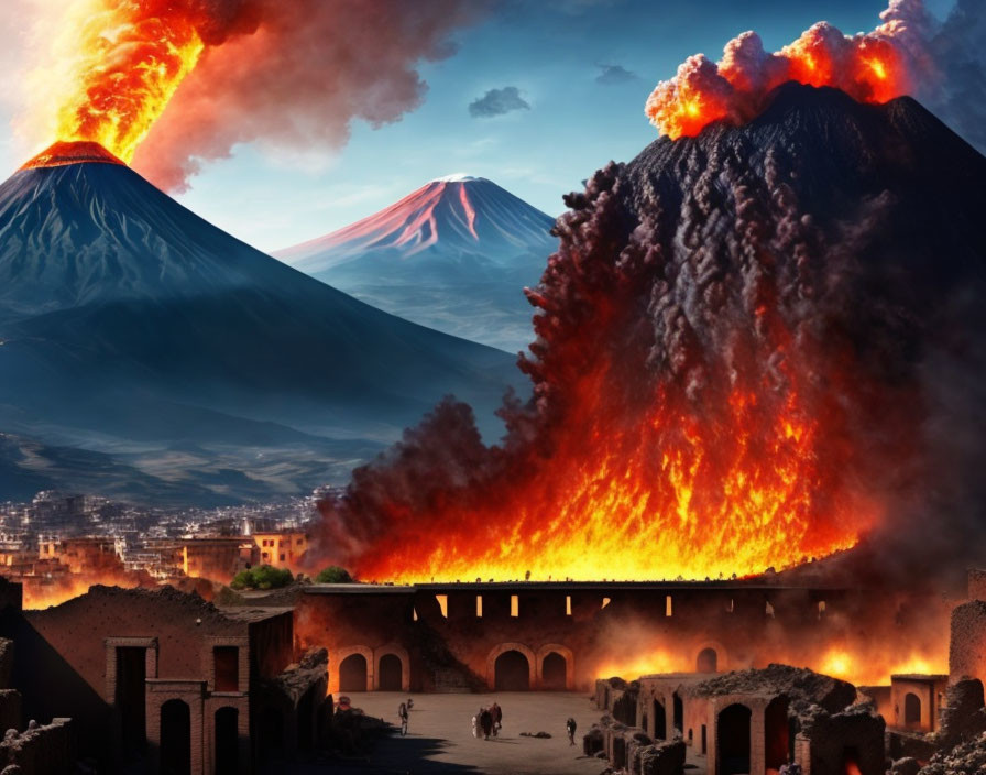 Multiple erupting volcanoes with lava flows above ancient city amphitheater