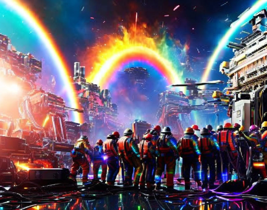 Reflective gear firefighters view rainbow in futuristic cityscape