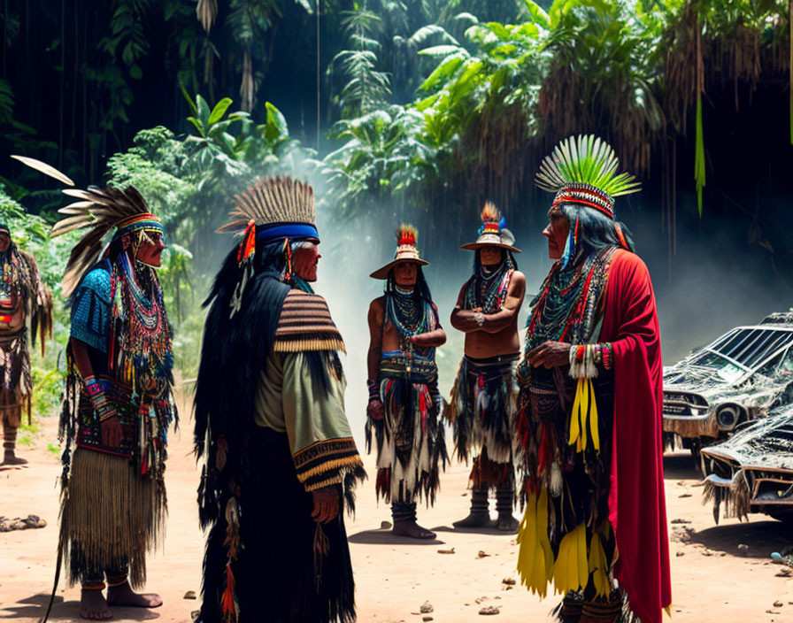 Indigenous People in Feathered Headdresses Talking in Forest