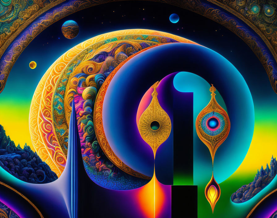 Colorful Abstract Artwork with Swirling Patterns and Celestial Motifs