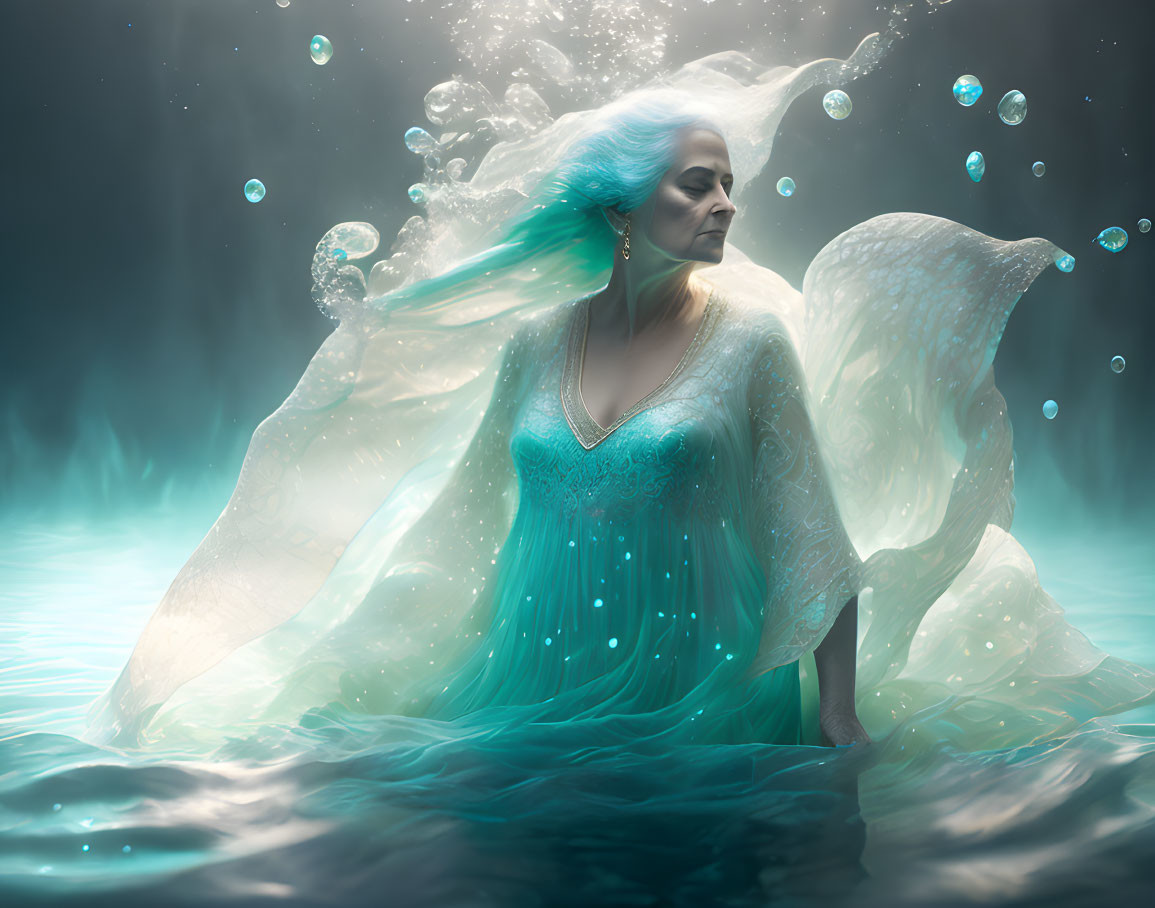 Blue-haired woman emerges from water with bubbles, teal dress blending in.