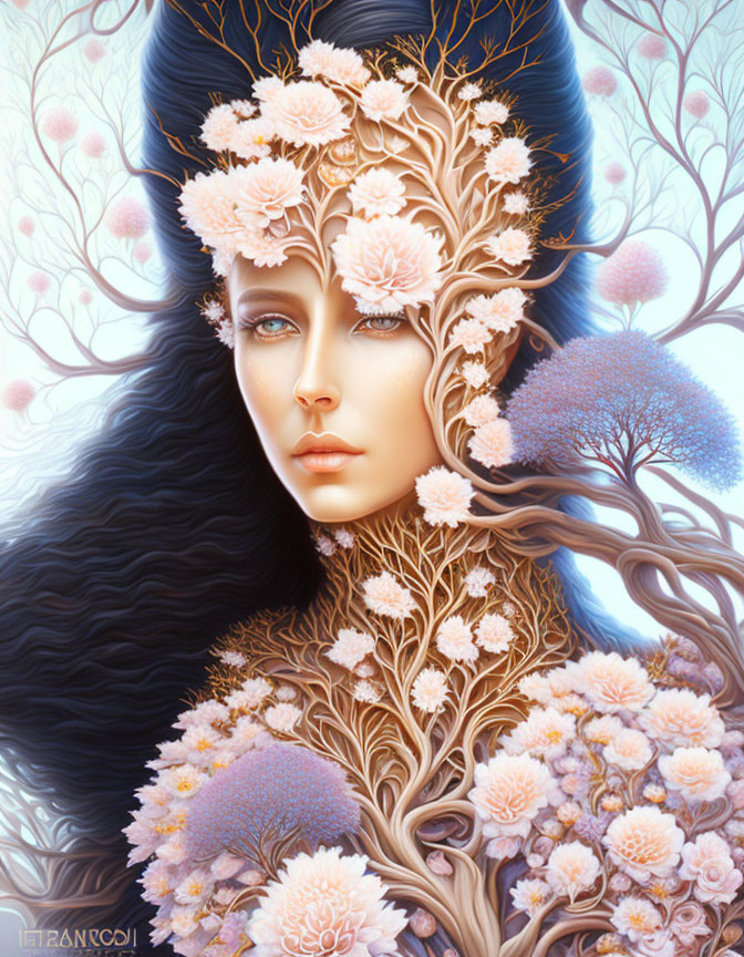 Woman with floral and tree-like features in dark hair with pink blossoms.