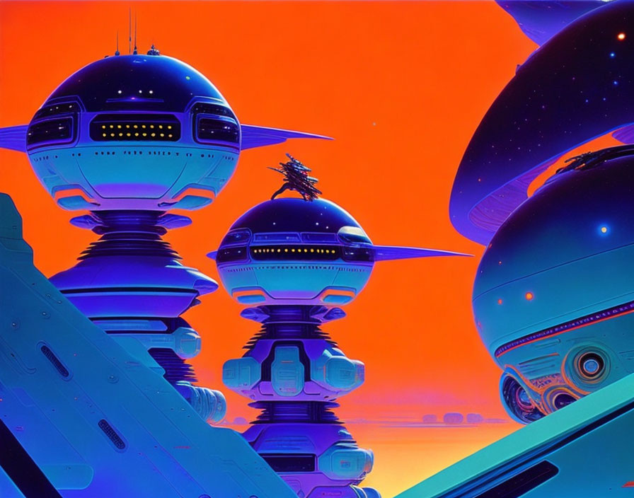 Futuristic towers with spherical domes under an orange sky in a sci-fi cityscape.