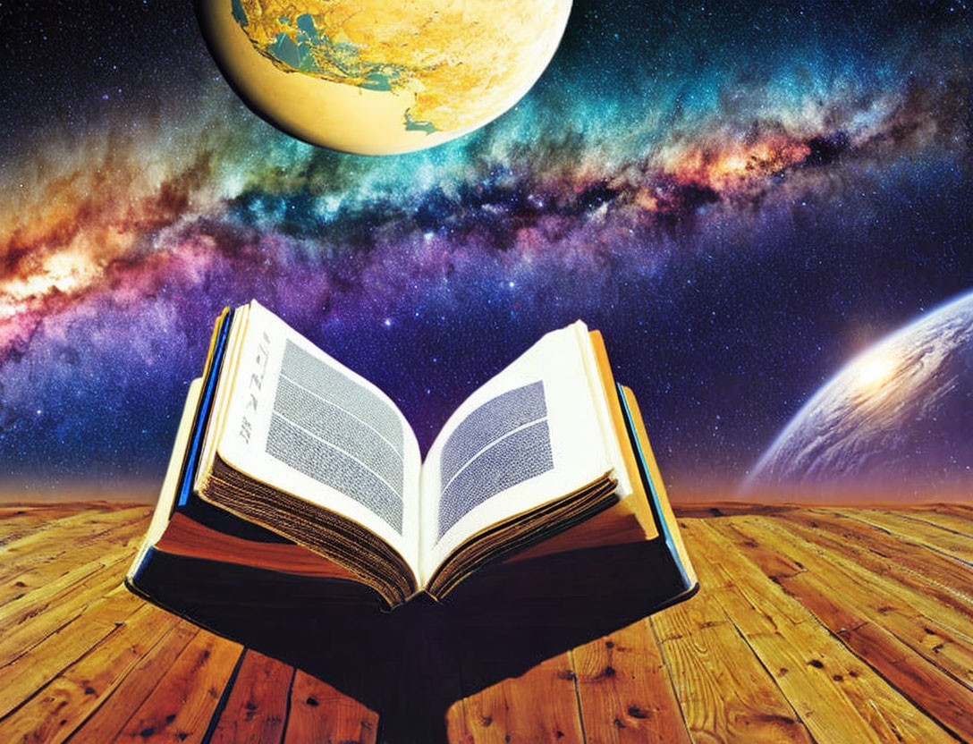 Open book on wooden floor with cosmic background of planets and galaxy