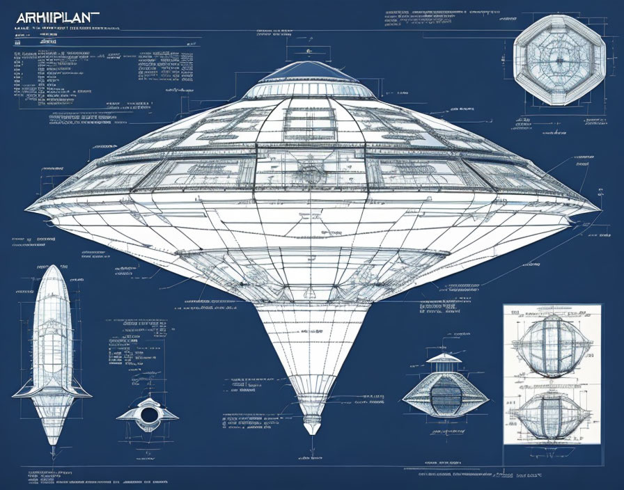 Detailed Blueprint of Futuristic Diamond-Shaped Spacecraft