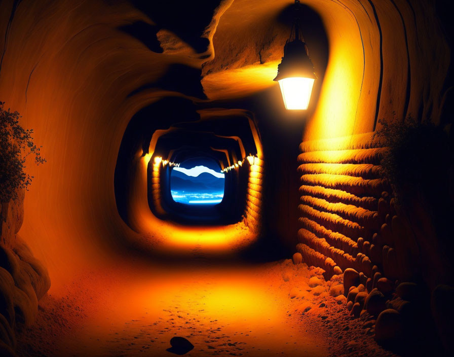 Illuminated Orange Cave Tunnel Leading to Blue Sea View